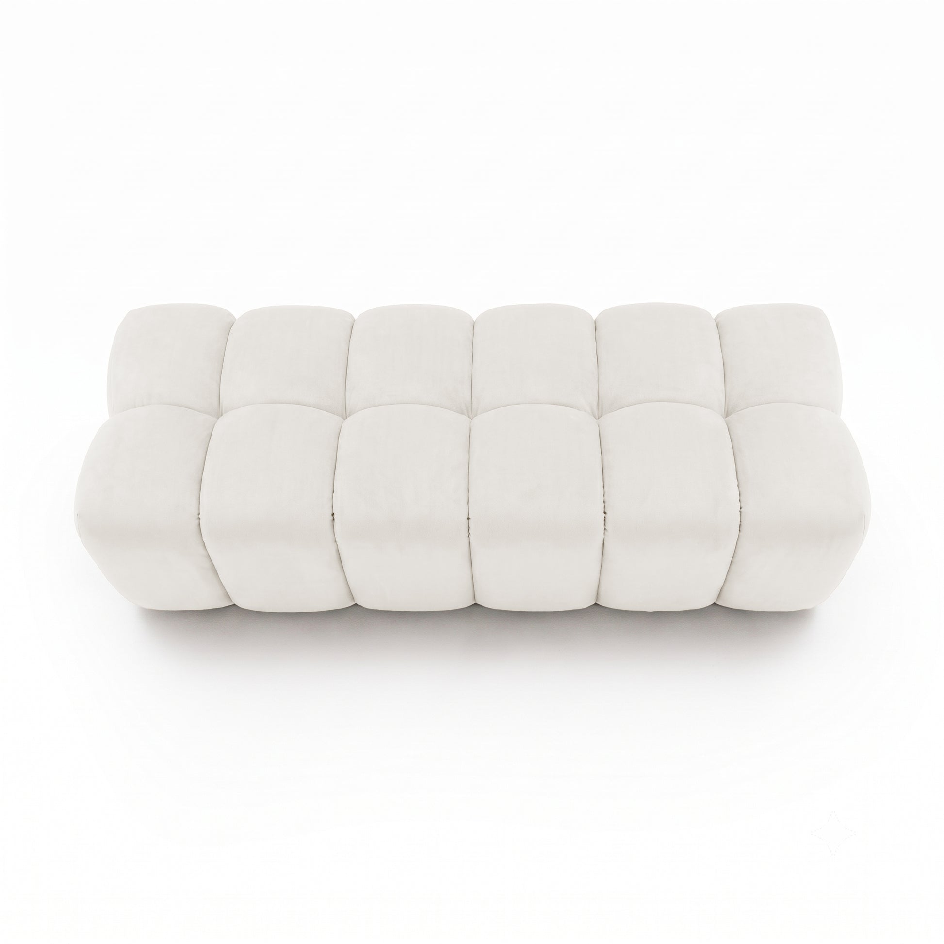 Light beige tufted rectangular bench viewed from above on a white background