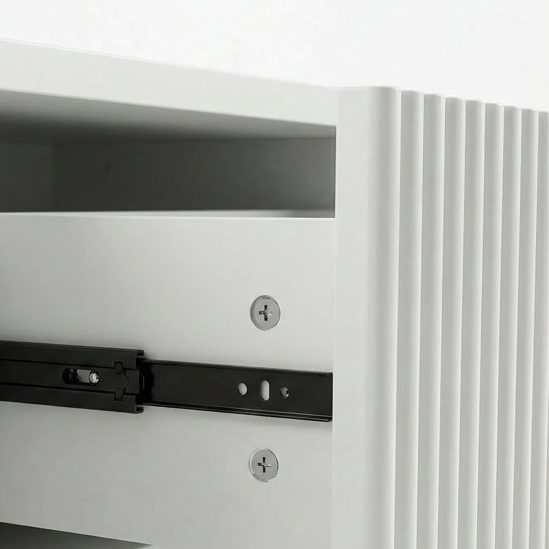 Close-up of cabinet interior hardware on white background