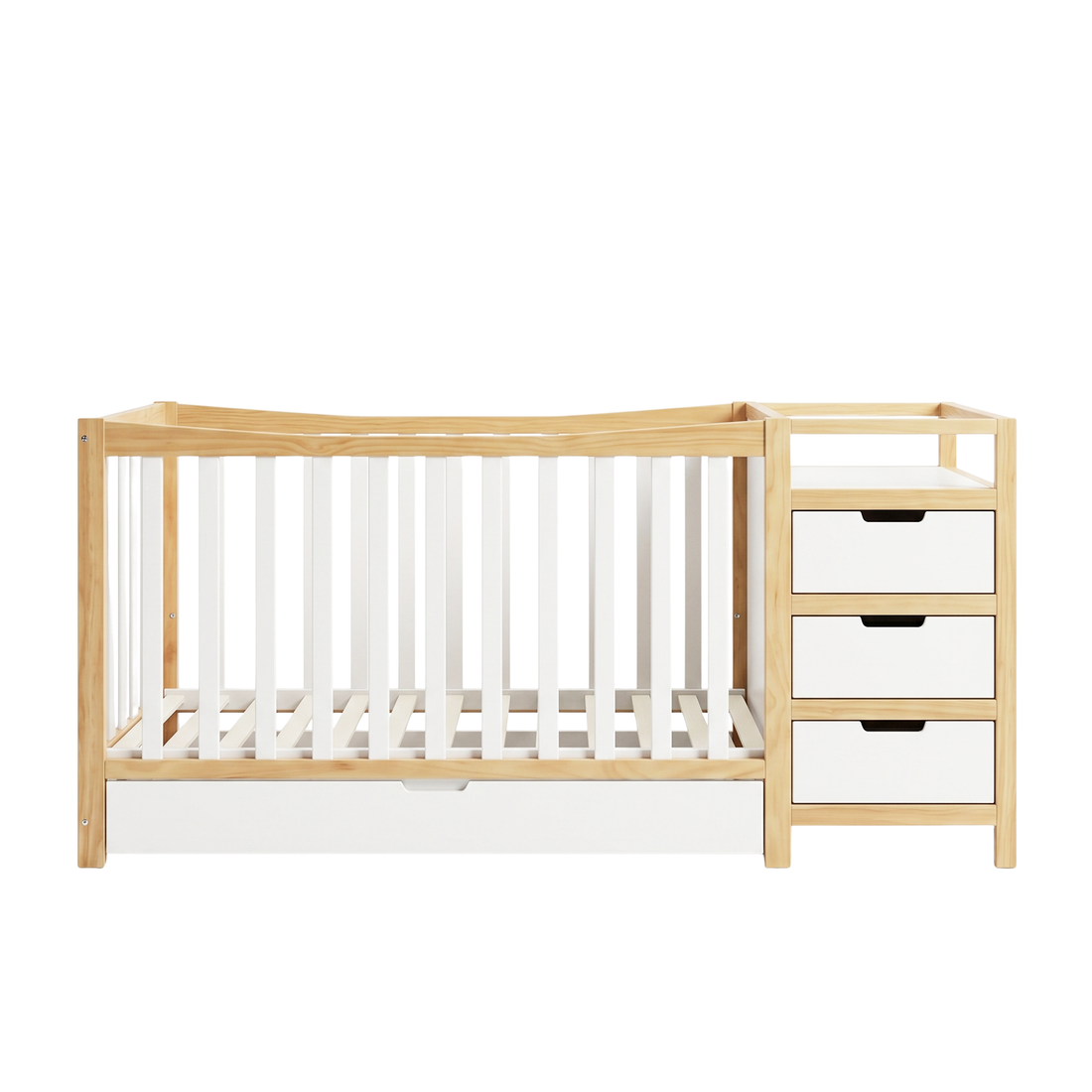 Full baby crib with attached storage drawers on a white background