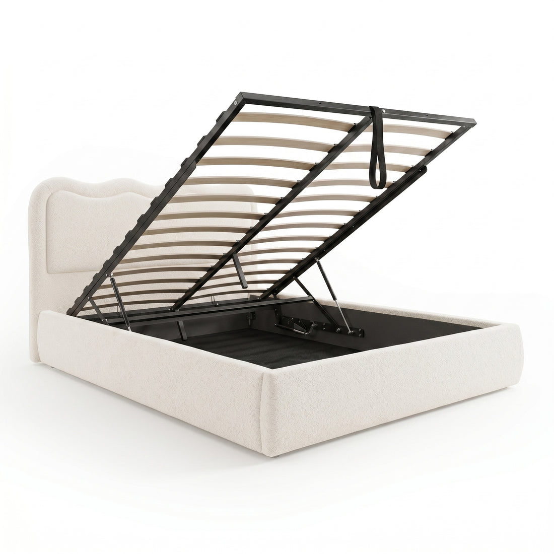 Upholstered storage bed with lift-up mechanism on white background