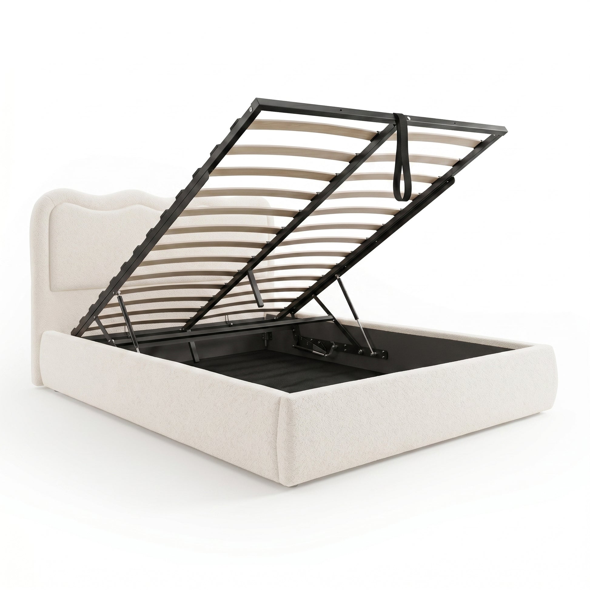 Upholstered storage bed with lift-up mechanism on white background