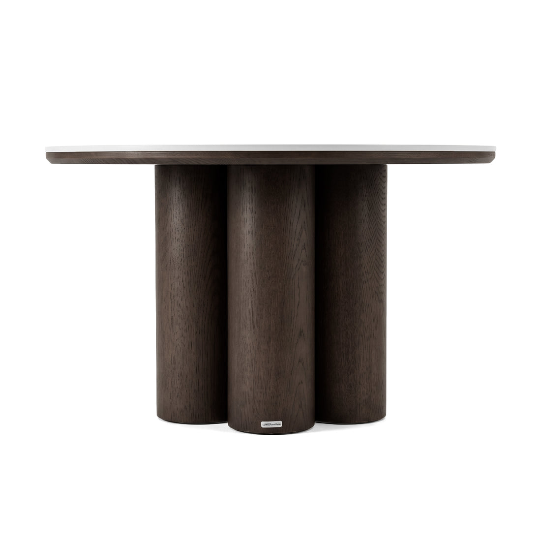 Dark wooden side table with round top and four cylindrical legs on a white background
