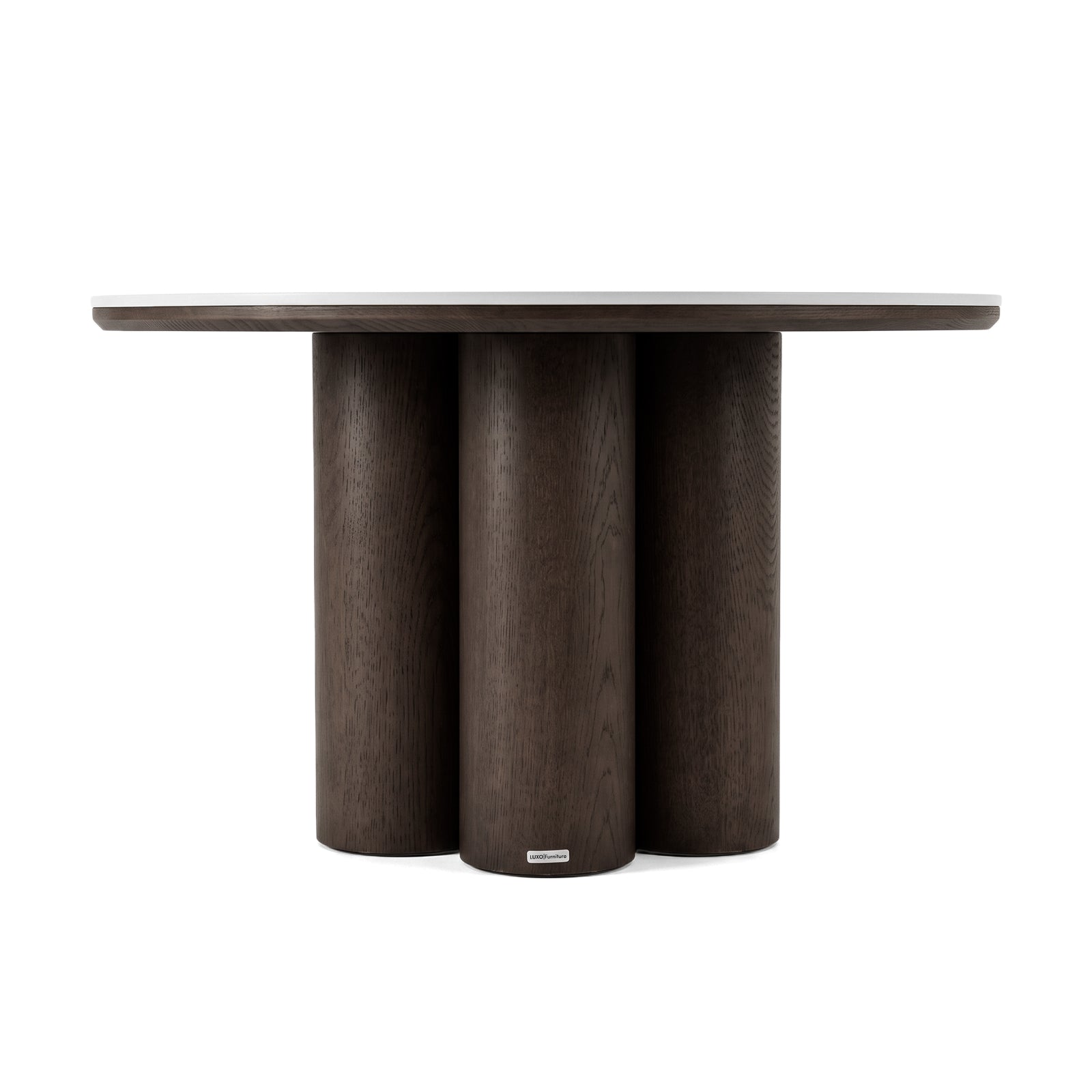 Dark wooden side table with round top and four cylindrical legs on a white background