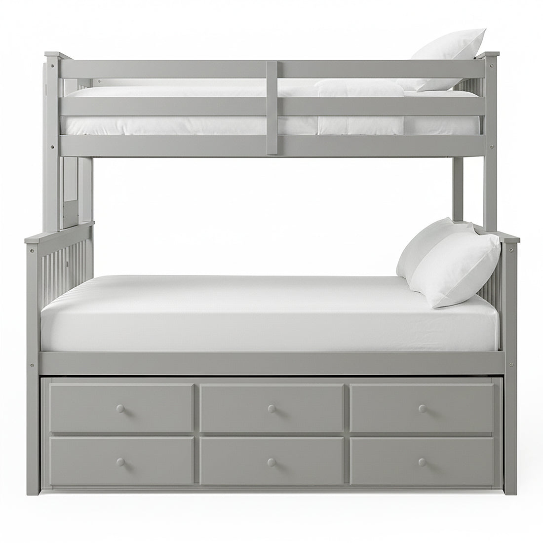 Front-facing grey bunk bed with twin top, full bottom, and under-bed drawers on white background