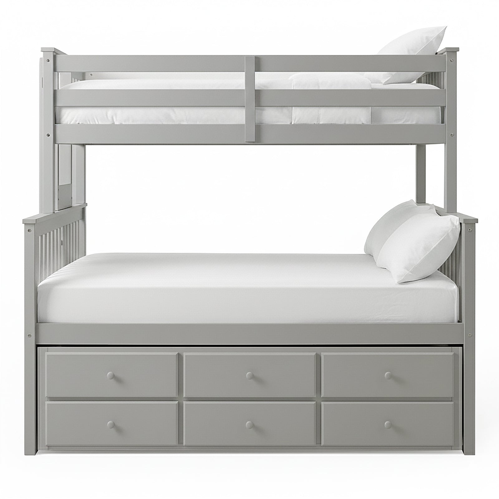 Front-facing grey bunk bed with twin top, full bottom, and under-bed drawers on white background