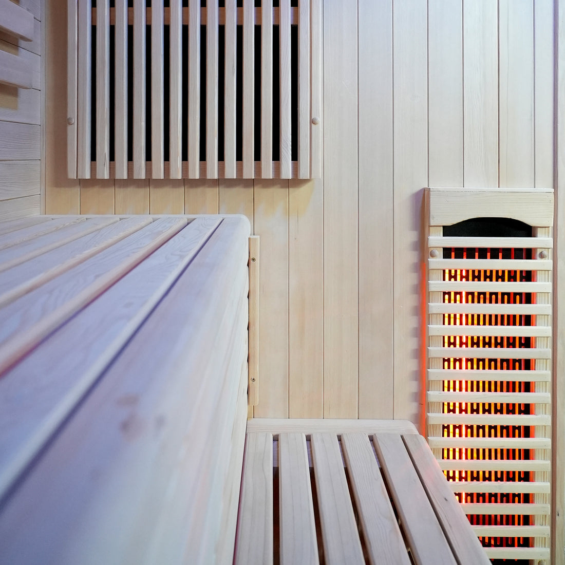 Interior wood paneling and benches inside a sauna