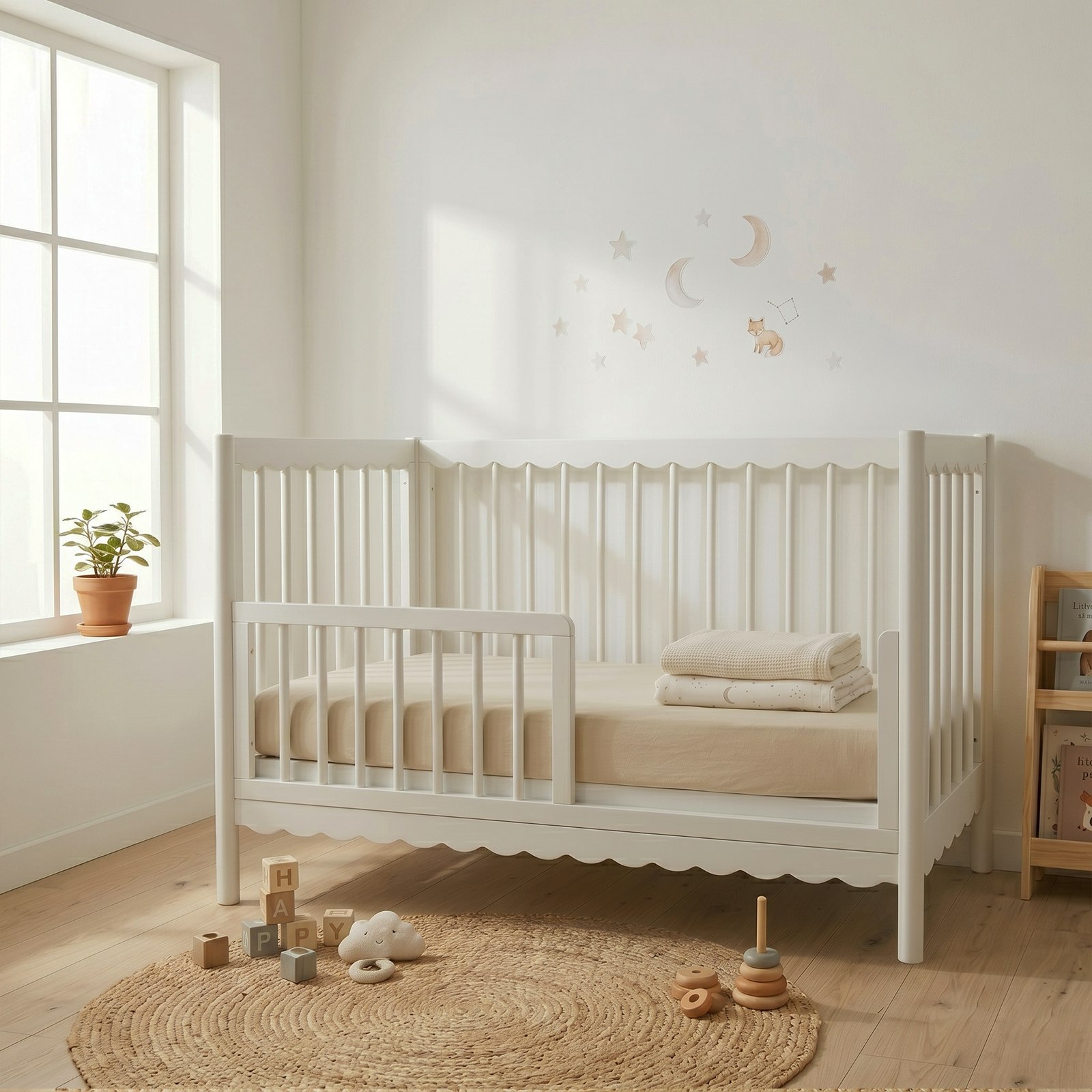 White crib in a cozy nursery with wall decals, rug, and toys