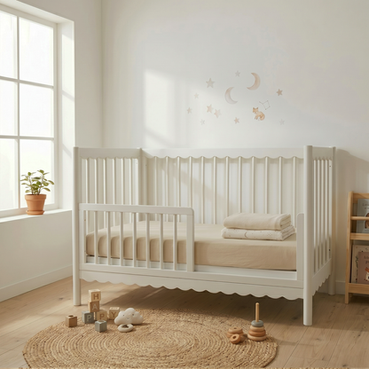White crib in a cozy nursery with wall decals, rug, and toys