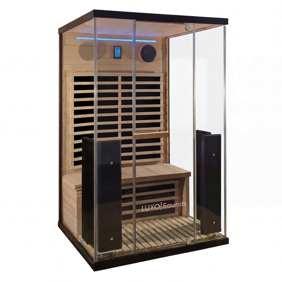 Modern home sauna displayed in full on a white background