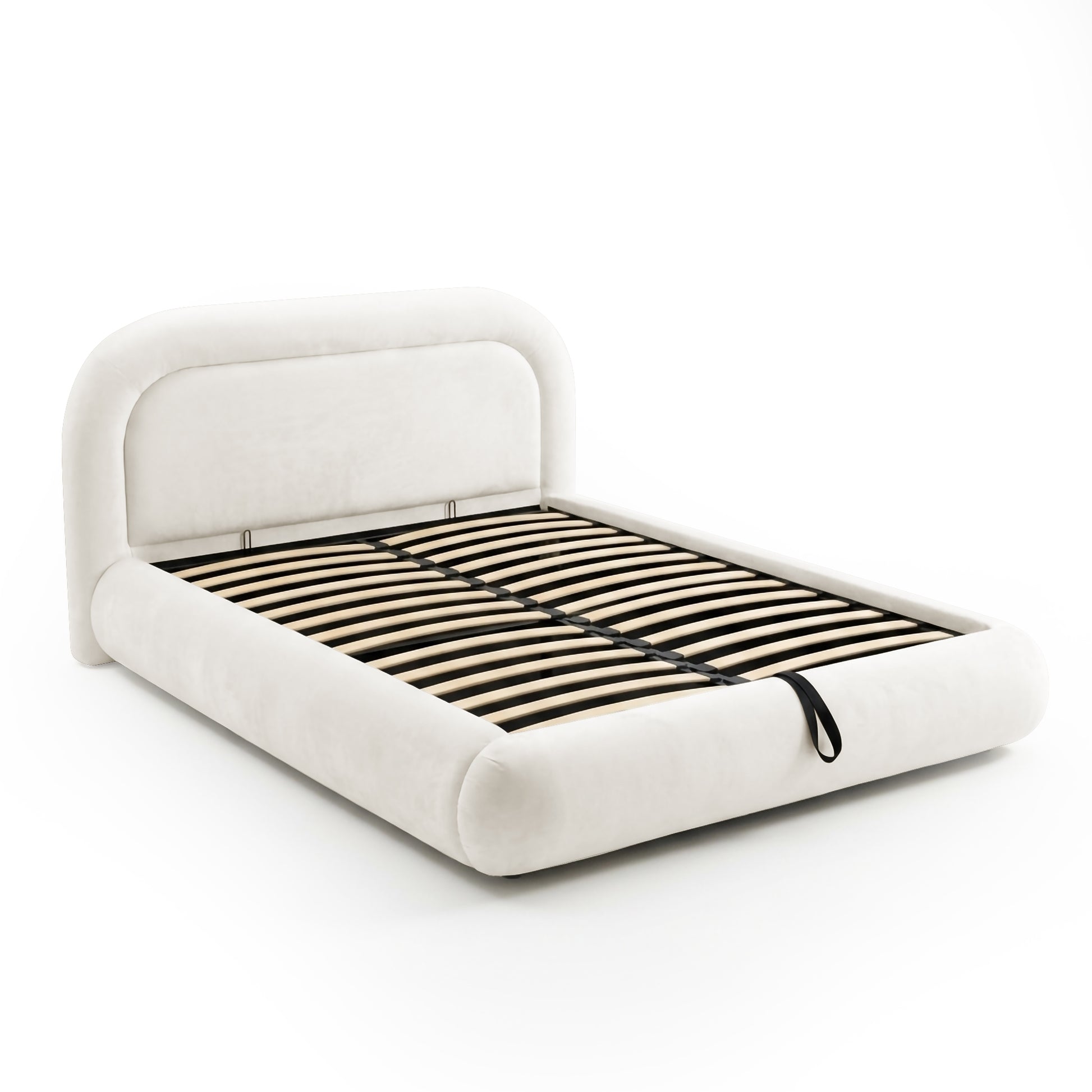 Contemporary upholstered bed frame with visible wooden slats and pull tab on white background
