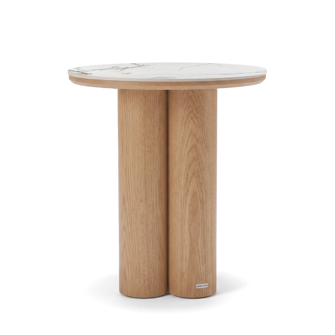 Round side table with marble-look top and wooden legs on white background