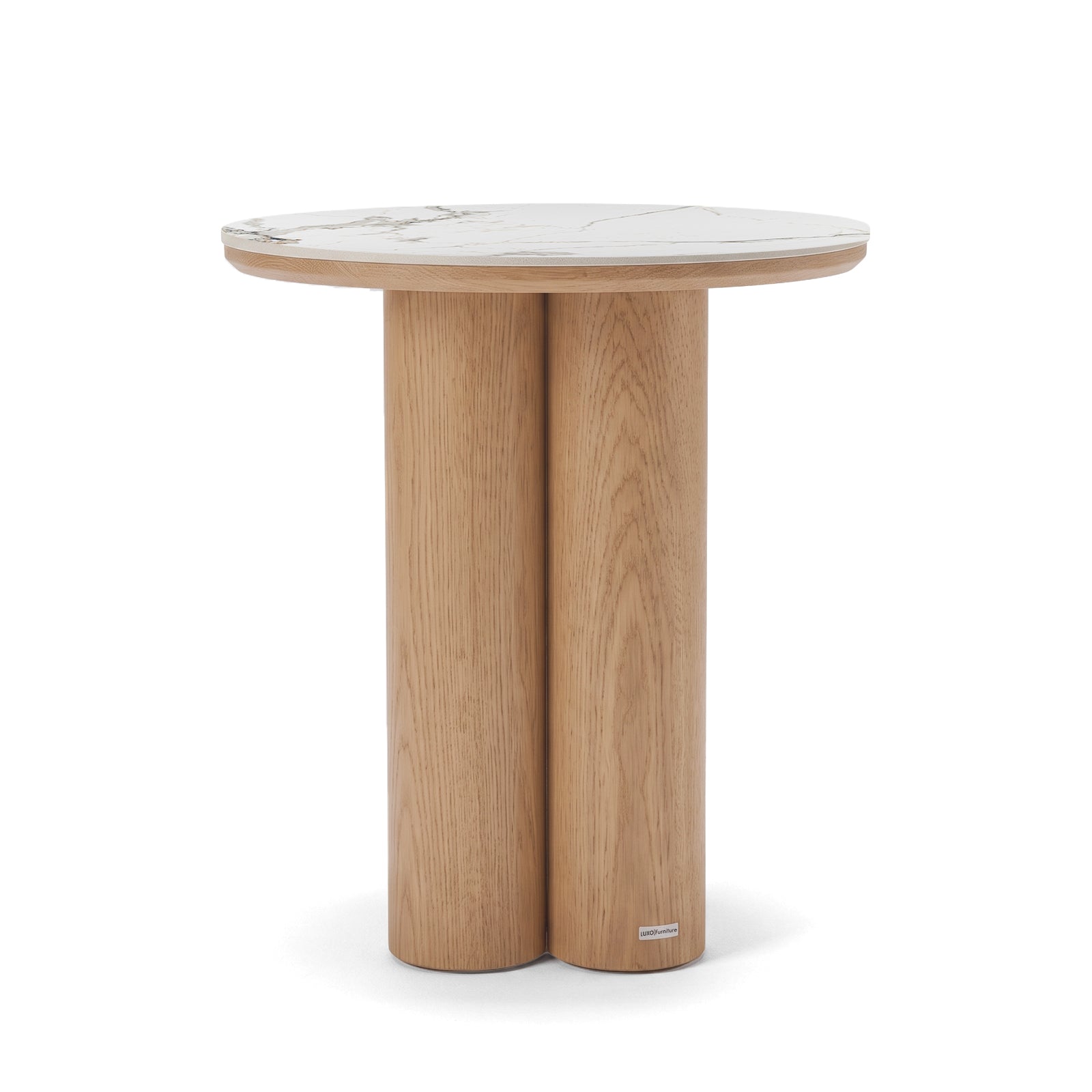Round side table with marble-look top and wooden legs on white background