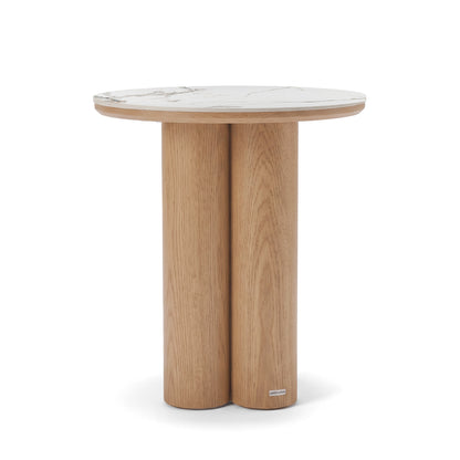 Round side table with marble-look top and wooden legs on white background
