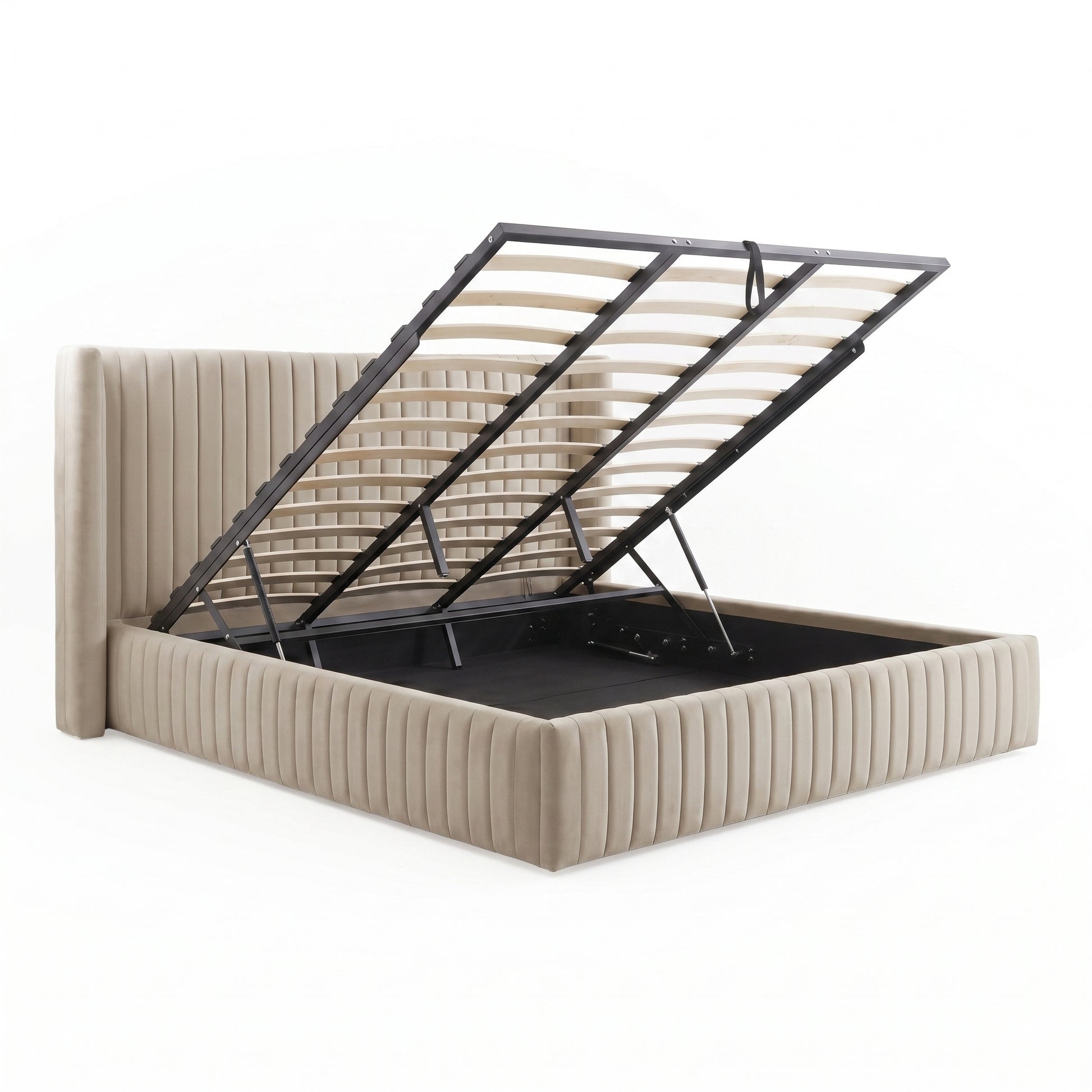 Three-quarter view of upholstered storage bed with open base on white background