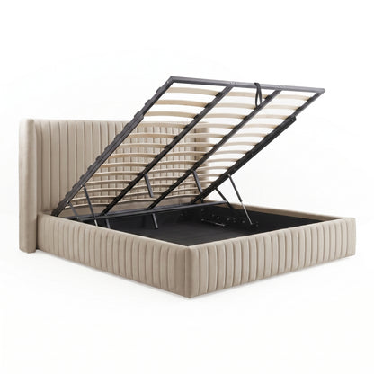 Three-quarter view of upholstered storage bed with open base on white background
