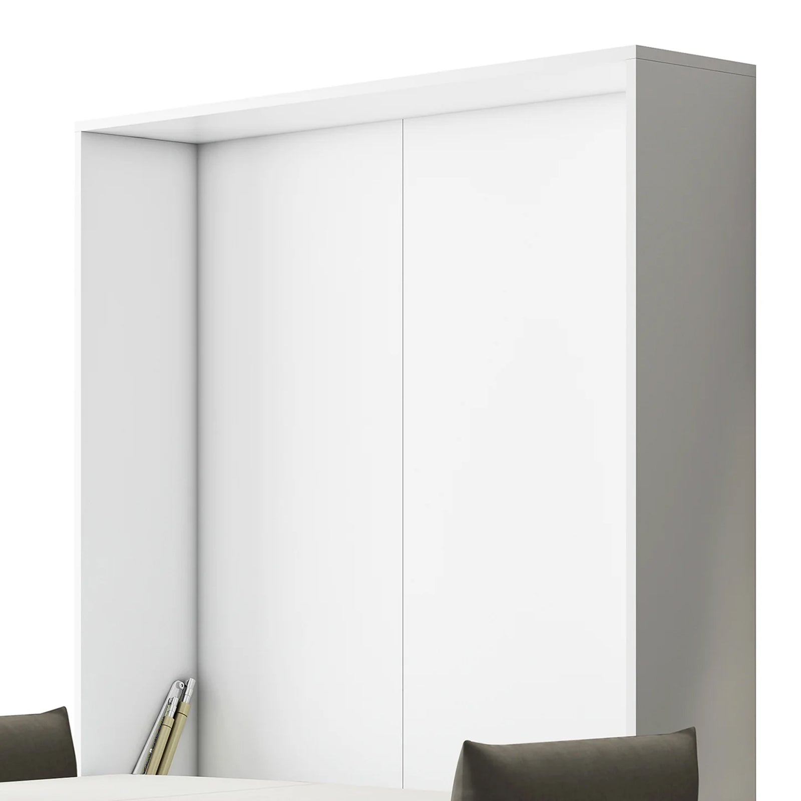 Byron Queen Murphy Bed with Mattress in White & Grey, shown as a modern white storage cabinet with two doors, interior partially visible with rolled-up papers, and dark chairs in the foreground.