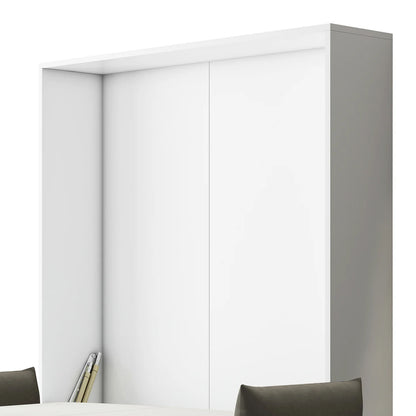 Byron Queen Murphy Bed with Mattress in White & Grey, shown as a modern white storage cabinet with two doors, interior partially visible with rolled-up papers, and dark chairs in the foreground.