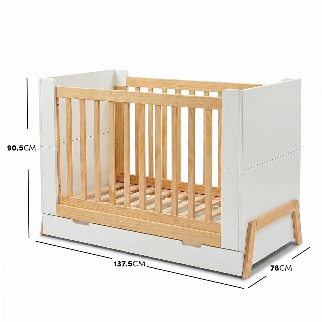 Baby crib front view with dimensions annotated