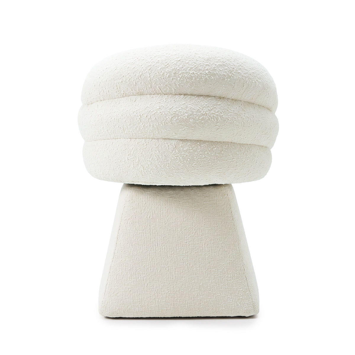 Modern off-white sculptural stool or ottoman on a white background.