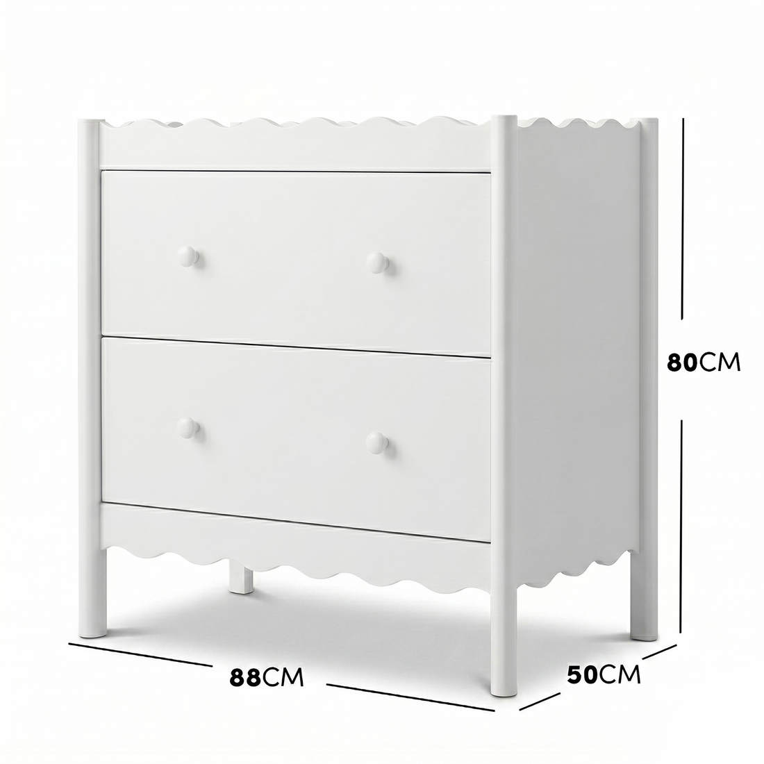 White dresser with dimensions labeled 80 cm high, 88 cm wide, and 50 cm deep