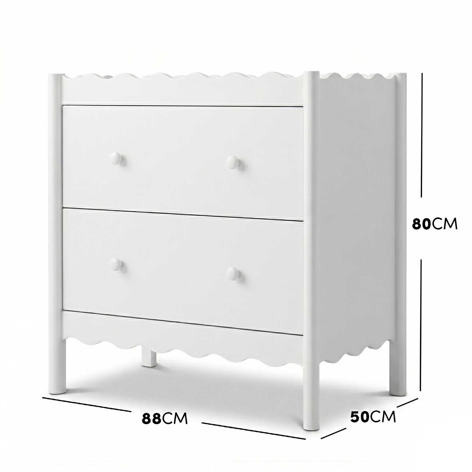 White dresser with dimensions labeled 80 cm high, 88 cm wide, and 50 cm deep