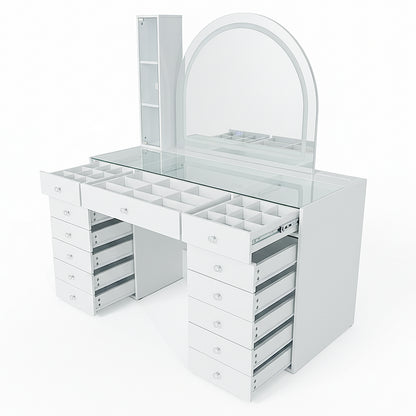 White vanity table with glass top and mirror on white background