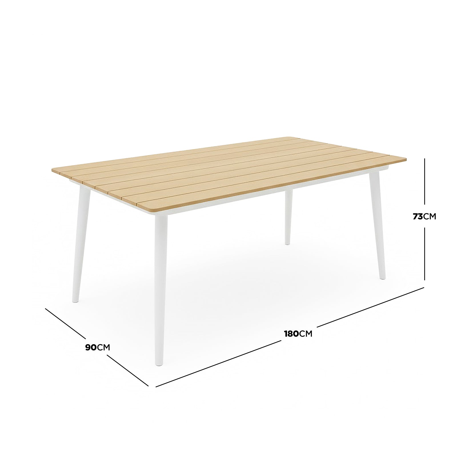 Casara 7 Piece Outdoor Dining Set in White & Beige features a 180cm slatted light-wood tabletop on white metal legs, designed for stylish, weather-resistant outdoor dining for six.