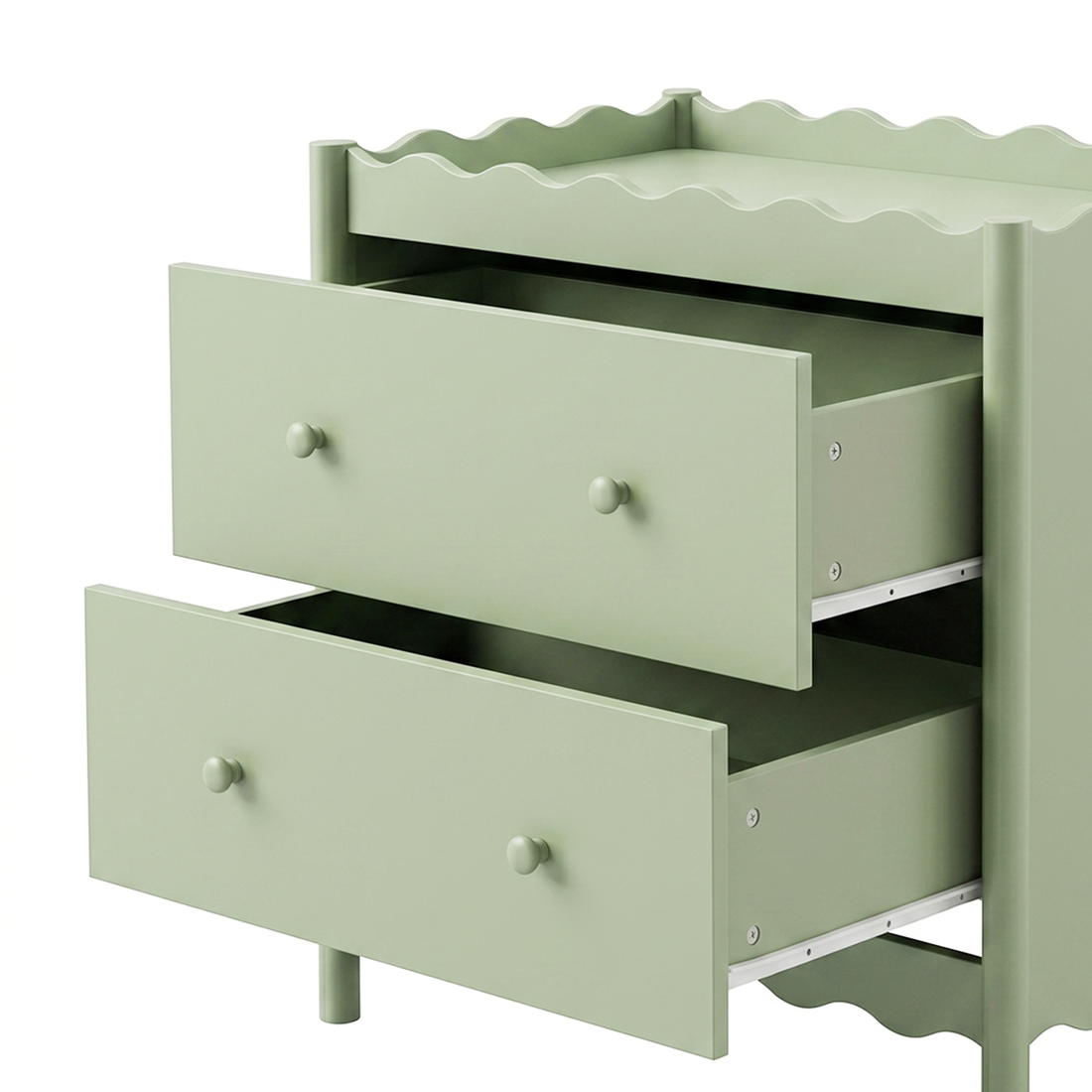 Sage green two-drawer dresser with open drawers on a white background
