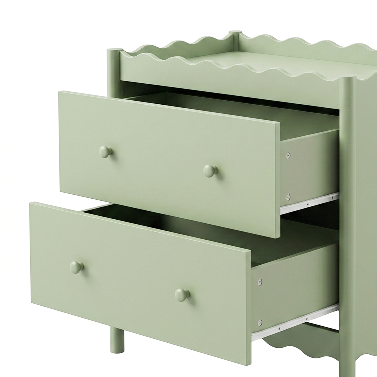 Sage green two-drawer dresser with open drawers on a white background