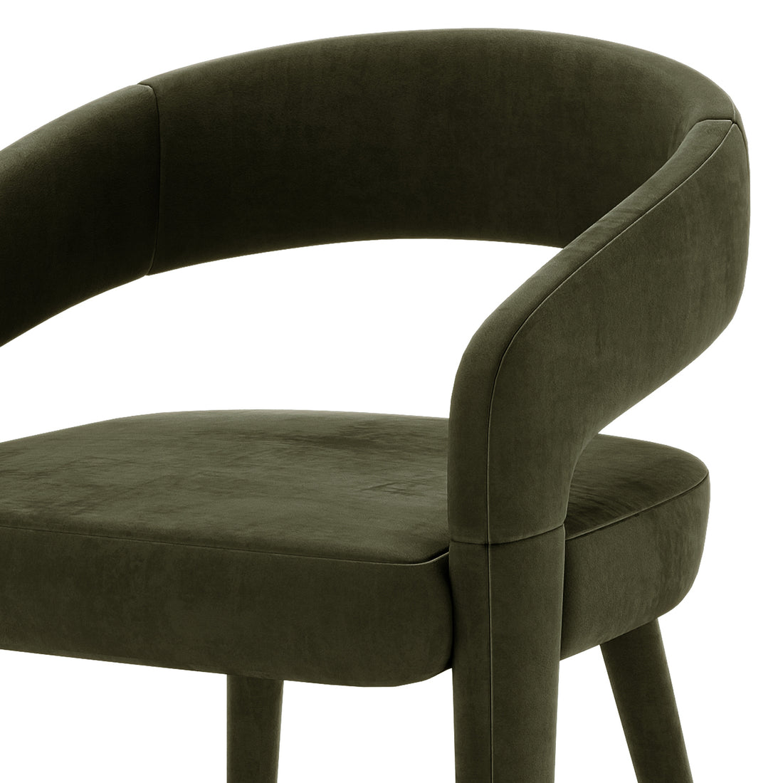 Eisha Velvet Dining Chair Set of 2 in Woodland Green, featuring a modern, barrel-style design with a curved backrest, straight padded legs, and plush velvet upholstery for a stylish, comfortable dining experience.