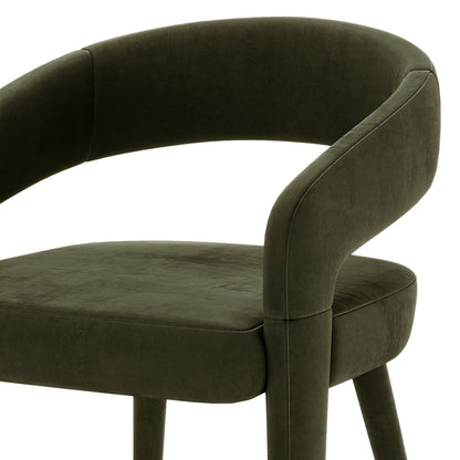Eisha Velvet Dining Chair Set of 2 in Woodland Green, featuring a modern, barrel-style design with a curved backrest, straight padded legs, and plush velvet upholstery for a stylish, comfortable dining experience.
