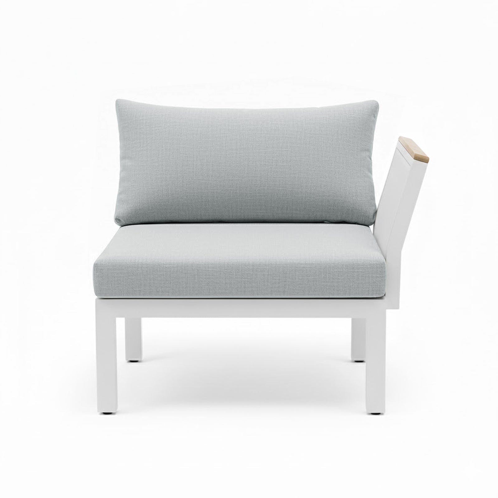 Sierra Outdoor Lounge Set in Grey: A single-seat modular sofa with a white metal frame, light-gray cushions, and a wooden-topped arm, designed for customizable outdoor comfort and style.