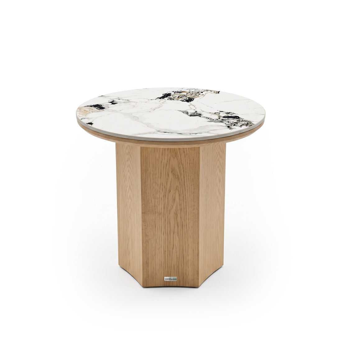 Round accent table with polished marble top and segmented wood base on a white background.
