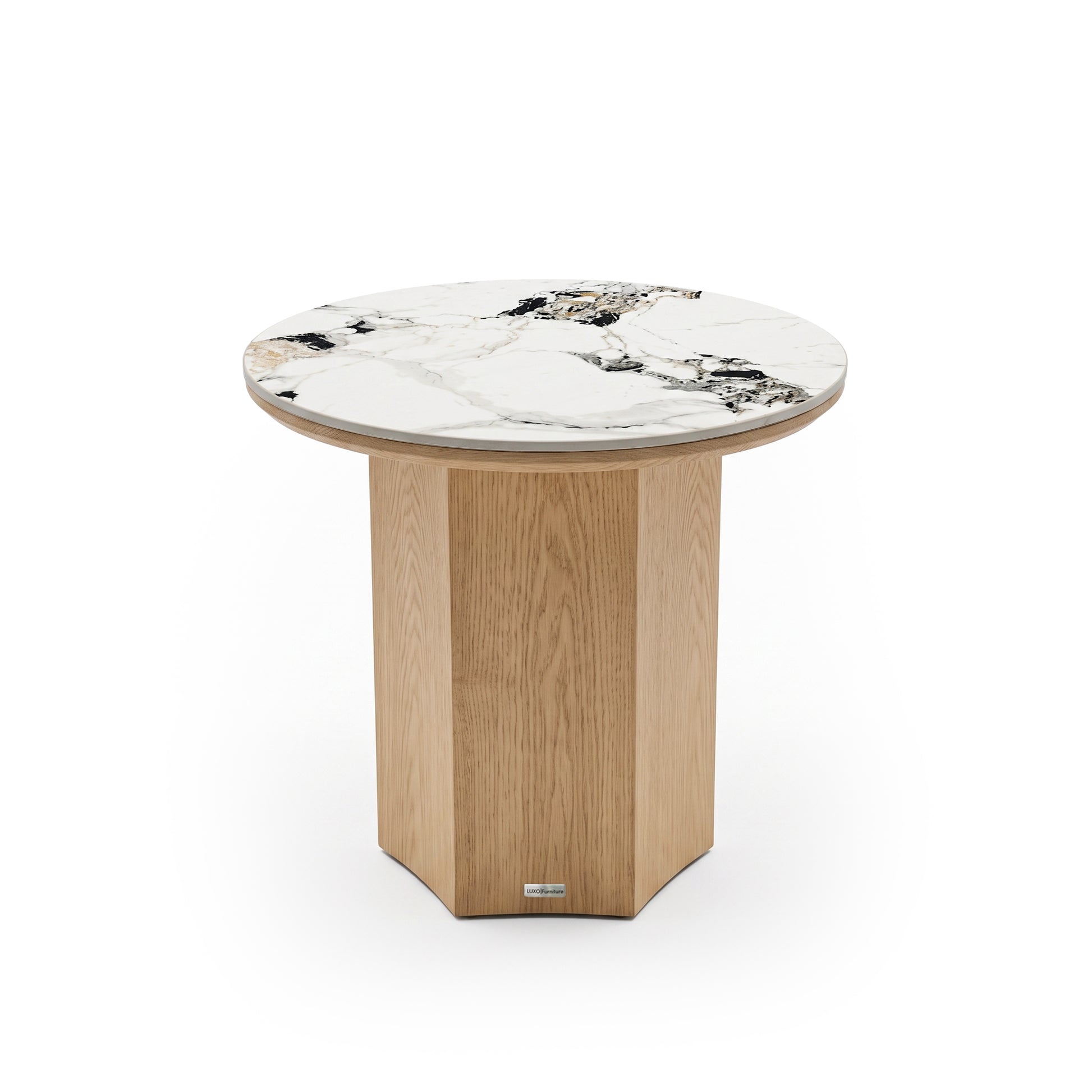 Round accent table with polished marble top and segmented wood base on a white background.