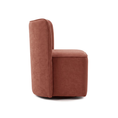 Side profile of a modern upholstered swivel chair on white background
