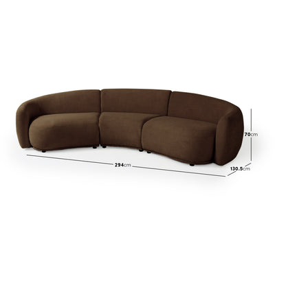 Curved sectional sofa with dimensions overlay on white background