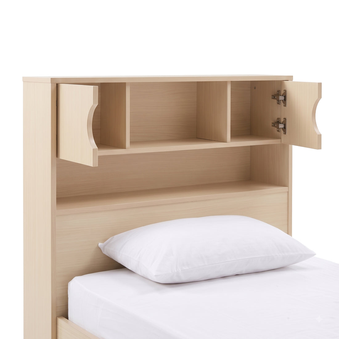 Close-up of the wooden bed headboard with shelves and open cabinet doors on a white background