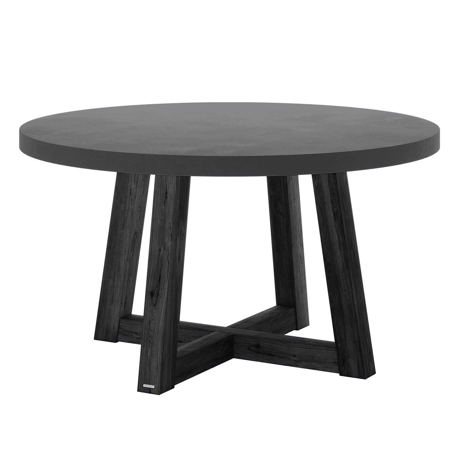 Magnus Hardwood and Concrete Outdoor Dining Table in Grey, featuring a thick round concrete top and four slightly splayed acacia wooden legs forming an X-shaped base, ideal for stylish alfresco dining.