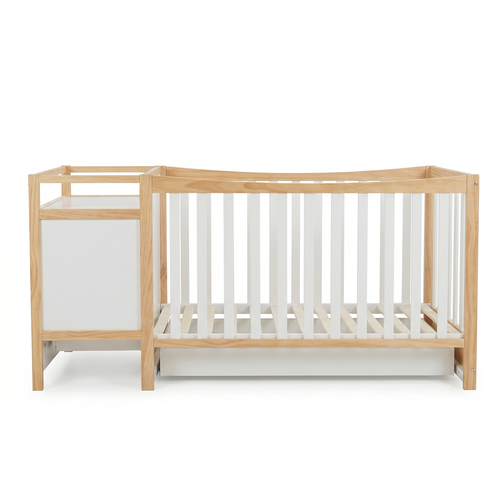 Modern crib with natural wood frame and white slats on a white background