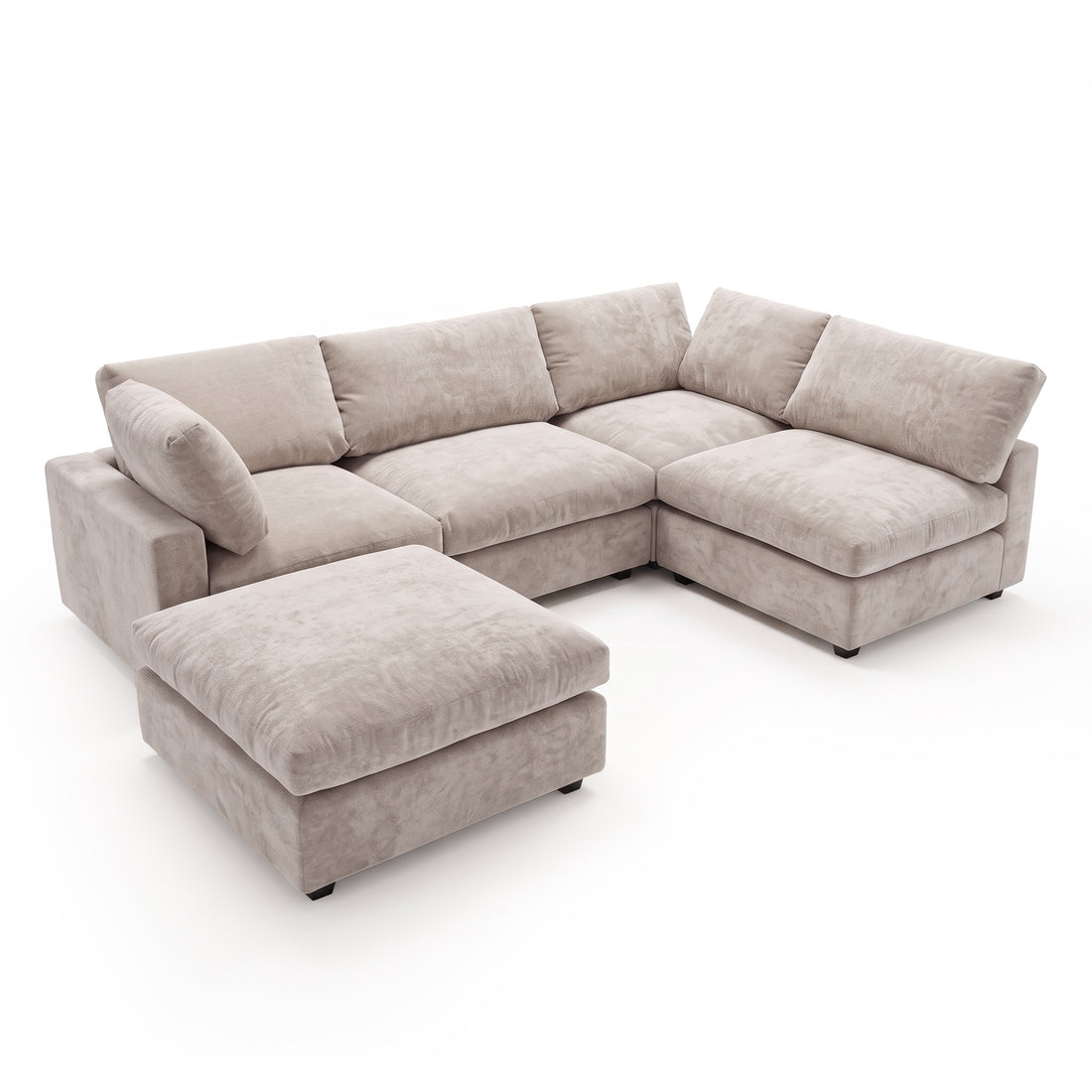 Light beige sectional sofa with matching ottoman on a white background