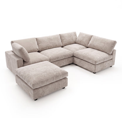 Light beige sectional sofa with matching ottoman on a white background
