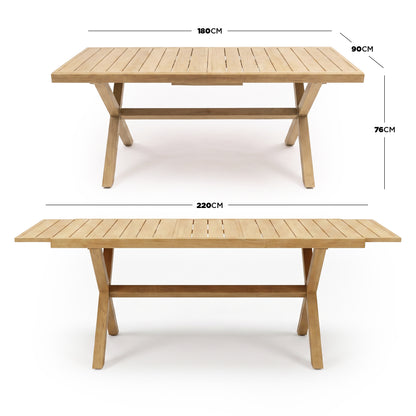 Wooden dining table with extension dimensions shown on a white background