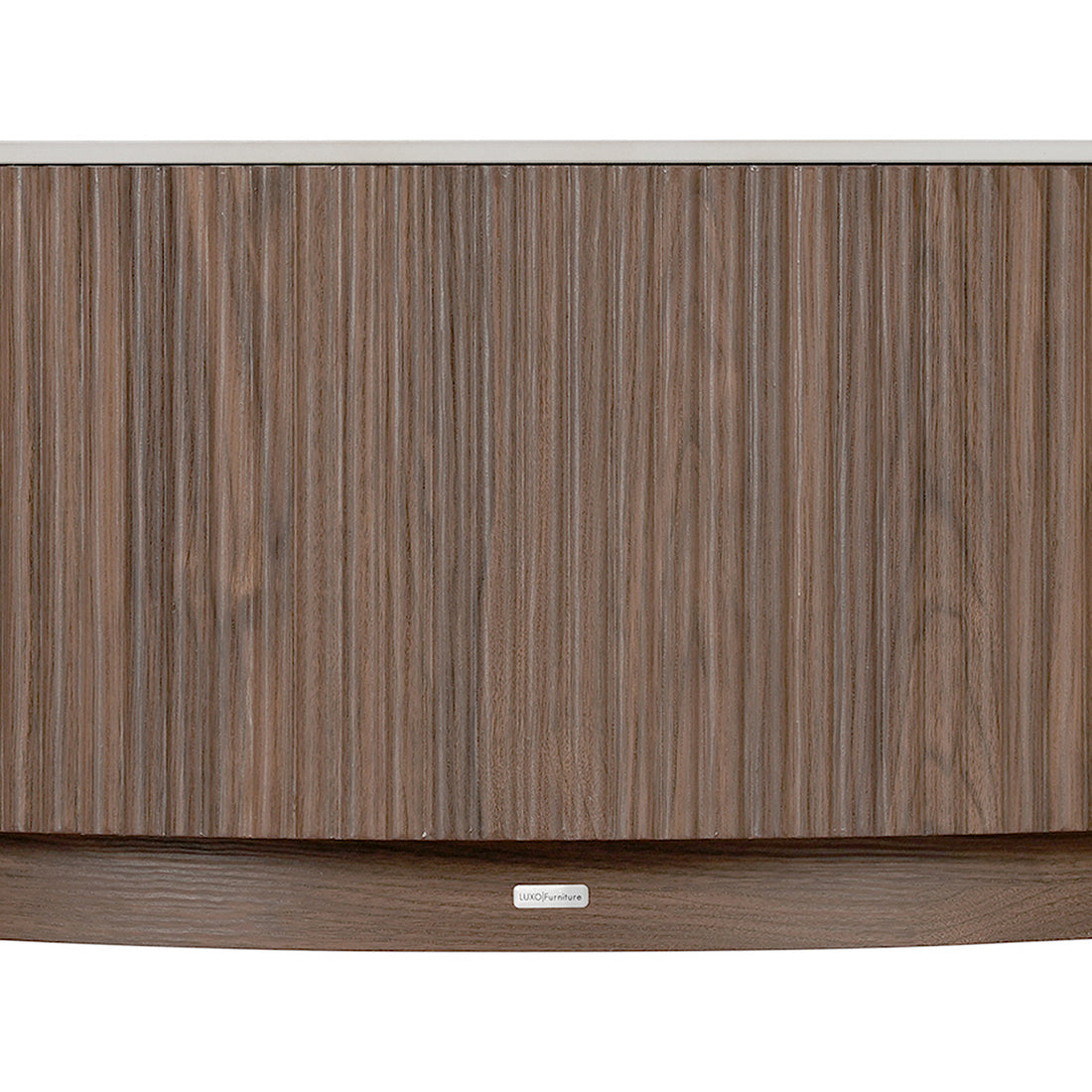 Close-up of the curved wood-finished front panel of a cabinet or console on white background