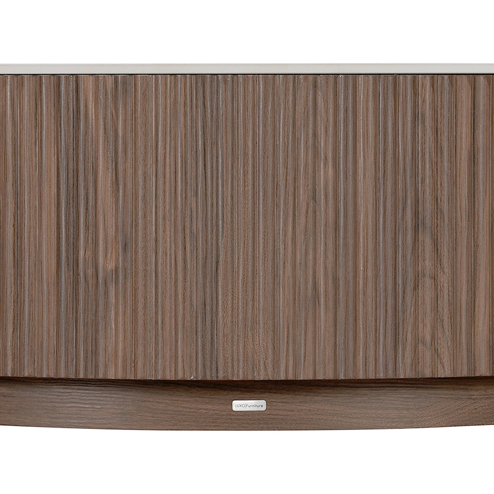 Close-up of the curved wood-finished front panel of a cabinet or console on white background
