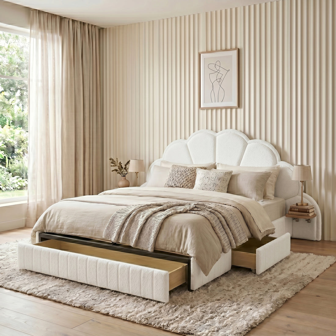 Modern upholstered bed with storage drawer in styled bedroom