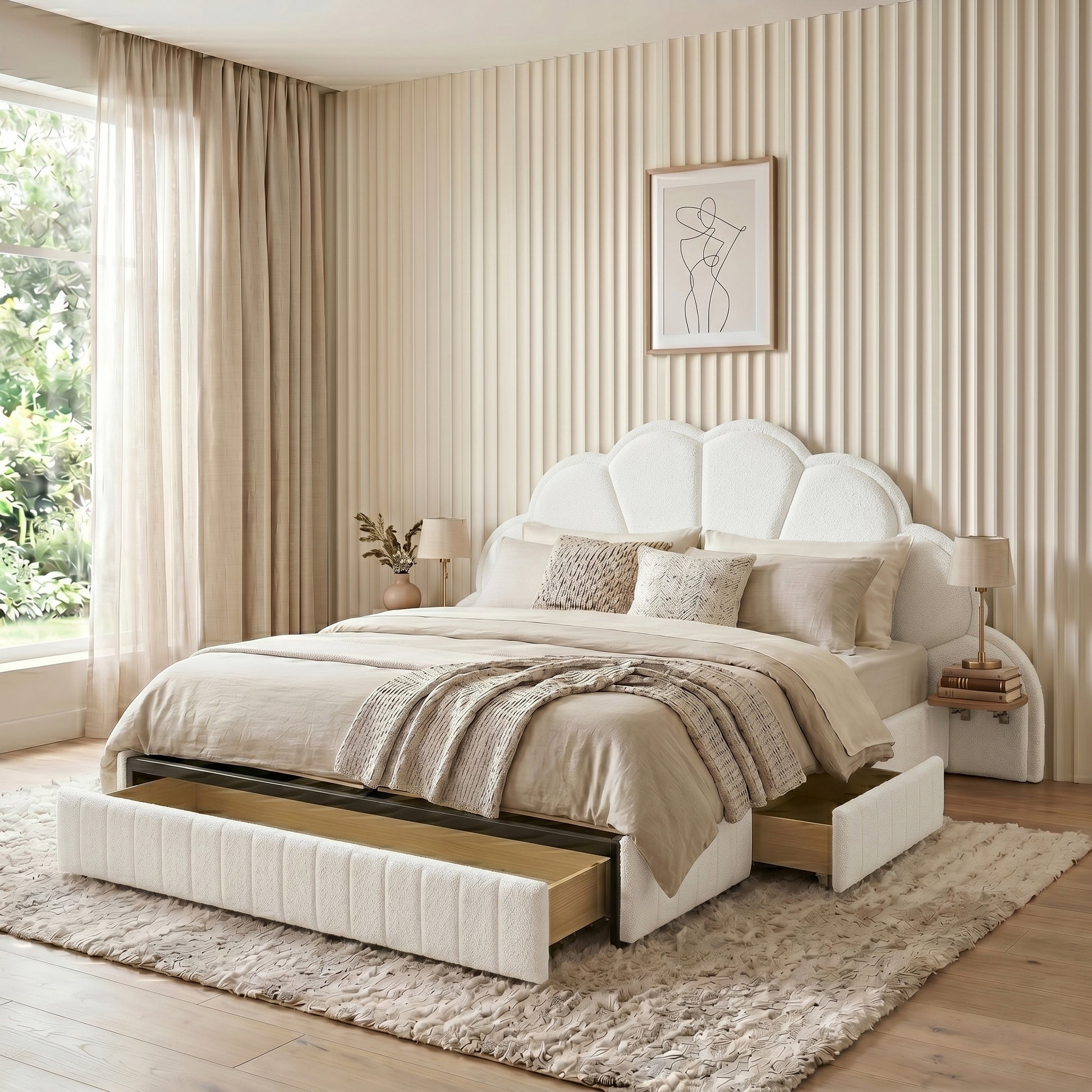 Modern upholstered bed with storage drawer in styled bedroom