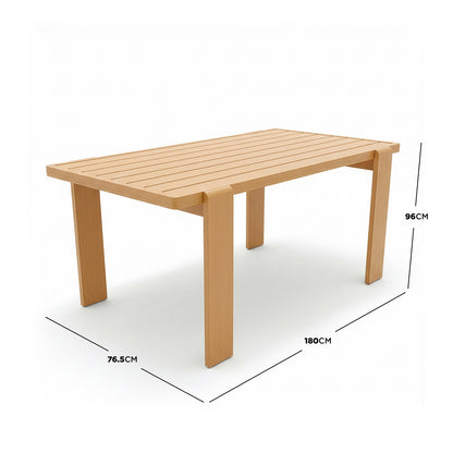 Positano 6 Seater Aluminium Outdoor Dining Set in White features a modern rectangular wooden-look table with slatted grooves, supported by straight legs, designed for comfortable outdoor dining with included cushioned chairs.
