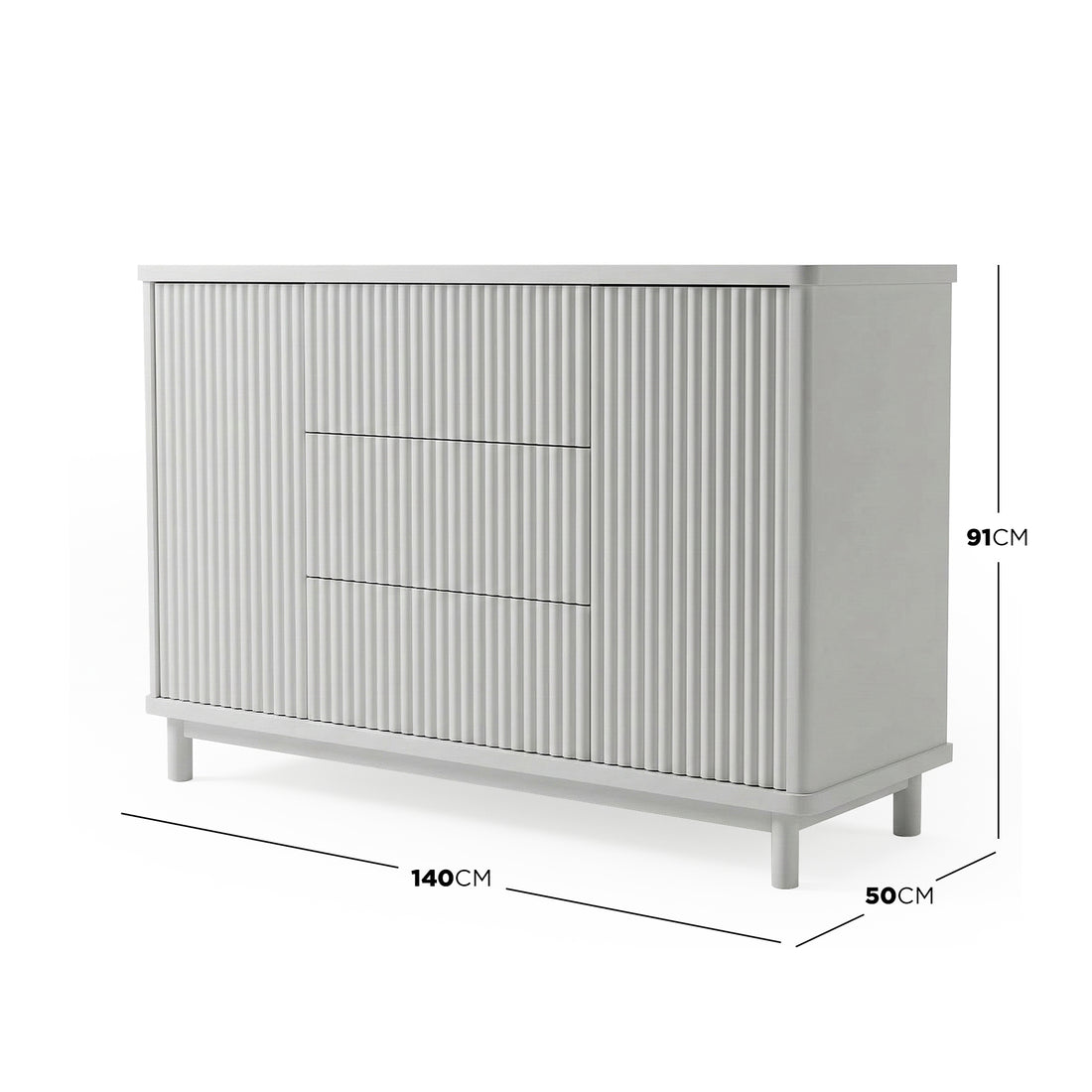 Sideboard with dimensions 140 cm × 50 cm × 91 cm on white background