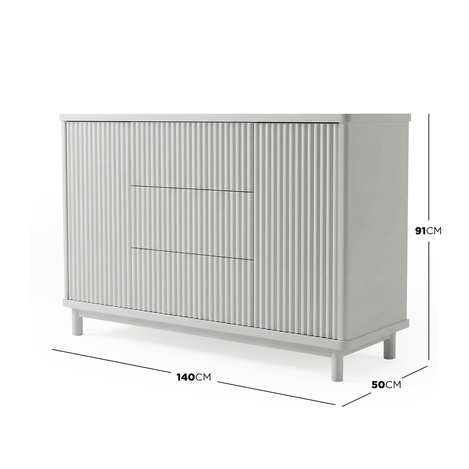 Sideboard with dimensions 140 cm × 50 cm × 91 cm on white background