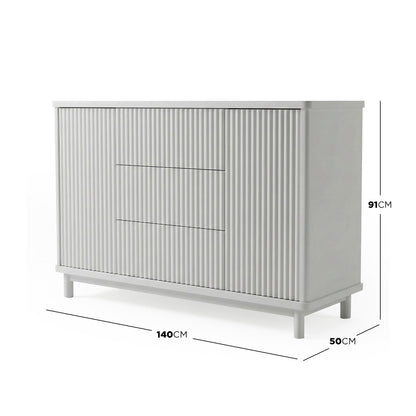 Sideboard with dimensions 140 cm × 50 cm × 91 cm on white background